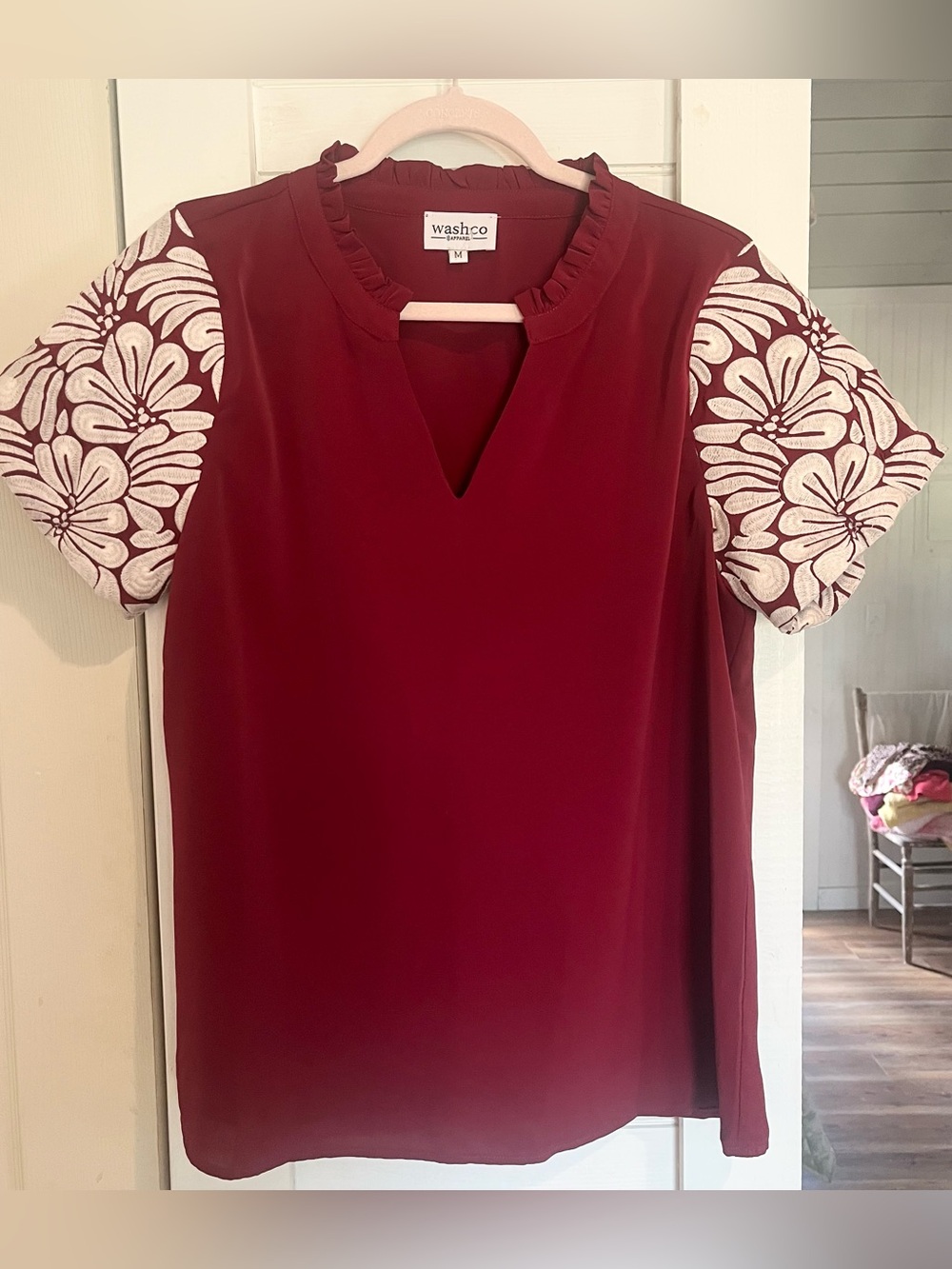 Washco Burgundy V-Neck Blouse with White Floral Sleeve Embroidery